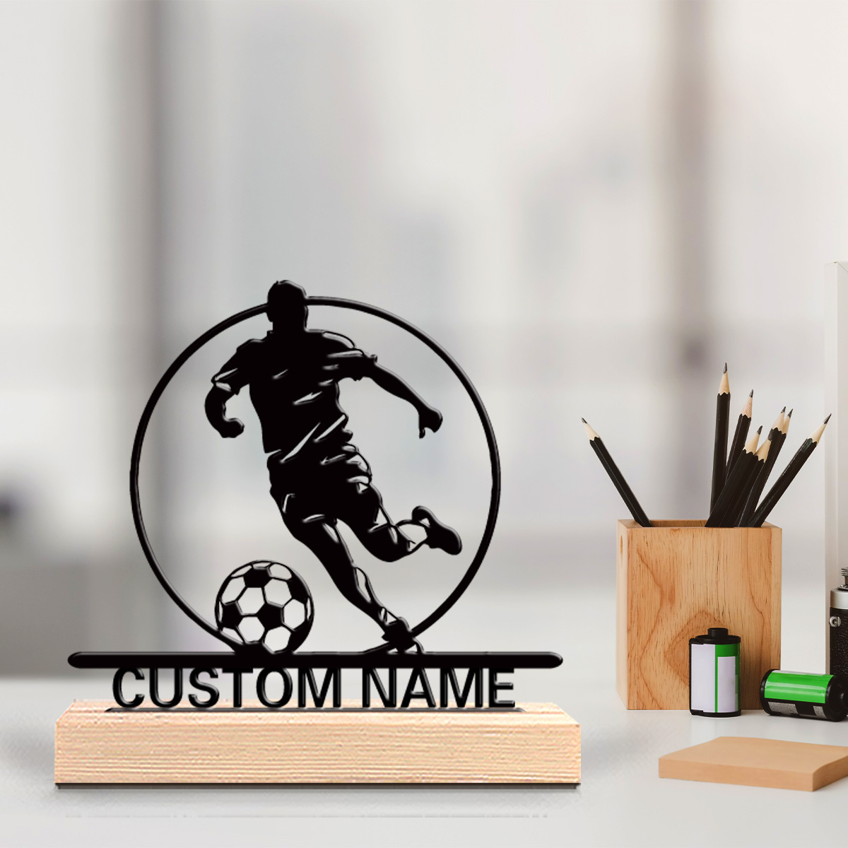 Home Office Design - İsme Özel Metal Futbolcu Heykeli, Ahşap
