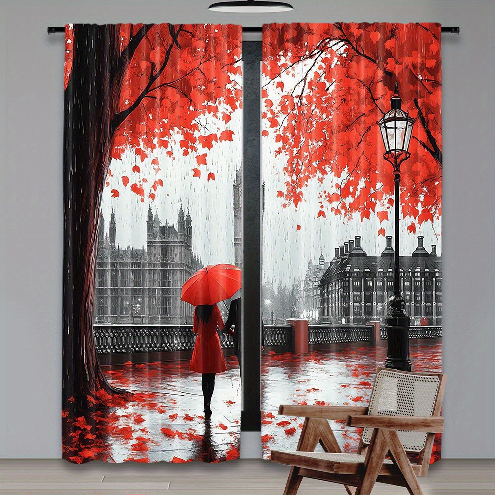 Home Office Of London - Romantik Sonbahar Kırmızı Yapraklar Perdeler Sonbahar